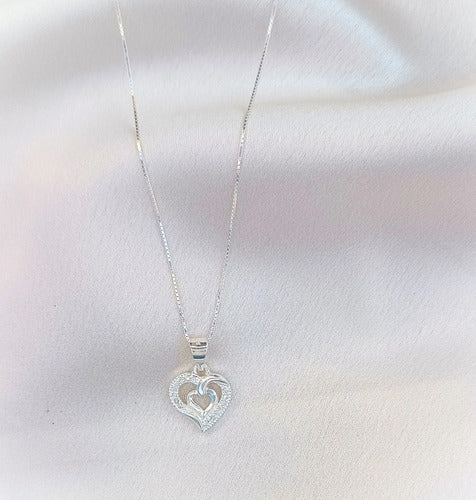 Collar Elegante Corazón De Plata 925 Con Piedras Zirconias Plateado