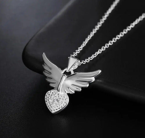 Collar Con Colgante De Alas De Corazón Para Mujer, De Plata  Plateado