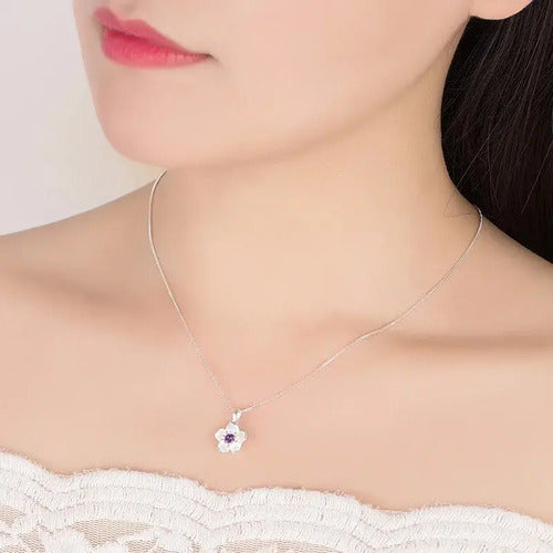 Collares Mujer De Plata 925 Dije Flor Purpura Estilo Coreano Plateado