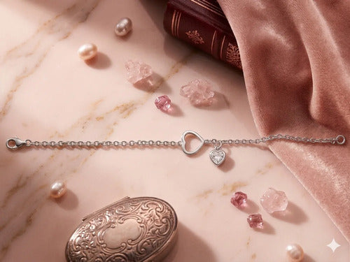 Pulsera De Corazón Con Circonia De Plata Ley 925 Plateado 5.6 Cm 18 Cm