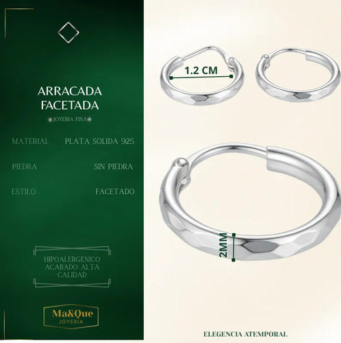 Arracada Facetada Plata 925 12mm Plateado
