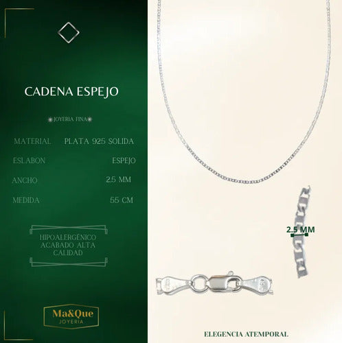 Cadena Espejo 55 Cm Plata Solida 925 De 2.5 Mm Plateado