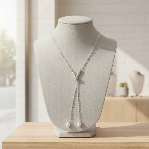 Collar Largo Ajustable Corbatero Con Perlas 66 Cm Plata 925 Plateado