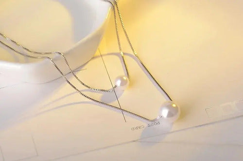 Collar Elegante De Plata, Doble Capa Con Perlas De Amor. Plateado