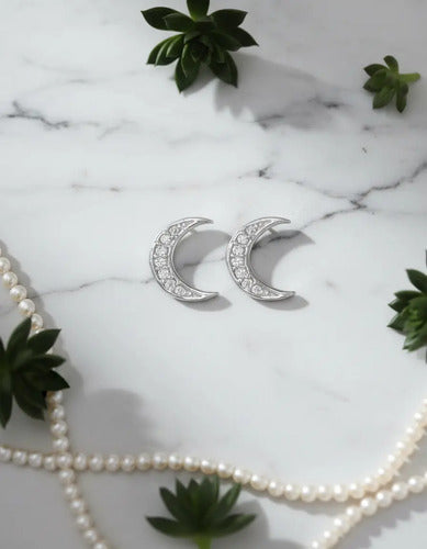 Aretes Luna Con Circonitas De Plata Para Mujer Plateado