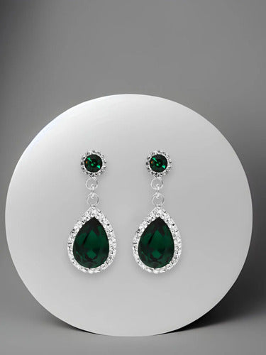 Aretes Para Quinceañera Verde Esmeralda Plata Para 15 Años Plateado