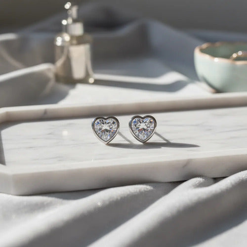 Broquel Arete De Circonita De Corazon De Plata 925 Blanco