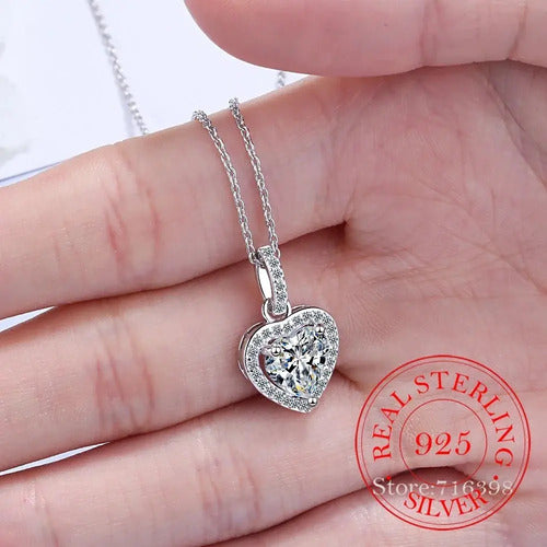 Collar De Plata  Para Mujer, Colgante Corazón De Circonita. Plateado