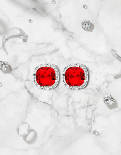 Aretes Elegante Plata 925 Cuadrado Color Rojo Con Circonitas Plateado