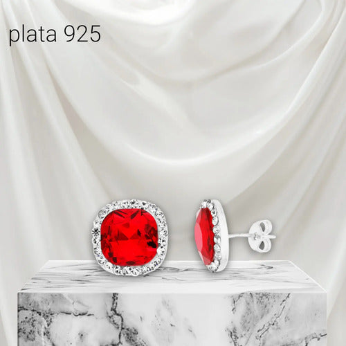 Aretes Elegante Plata 925 Cuadrado Color Rojo Con Circonitas Plateado