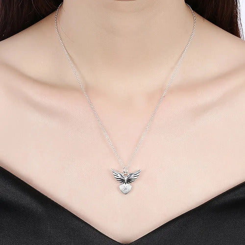 Collar Con Colgante De Alas De Corazón Para Mujer, De Plata  Plateado