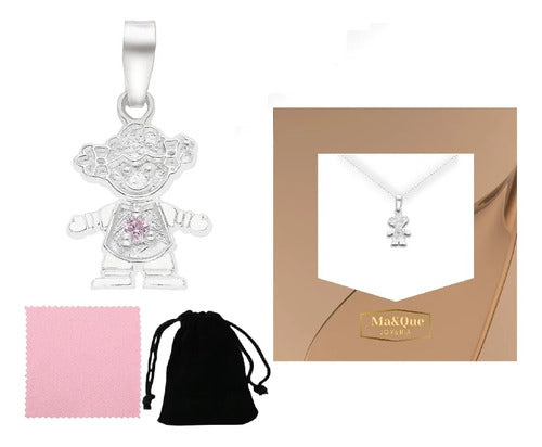 Collar De Plata Dije Niña - Hija Con Circonita Rosa Plateado
