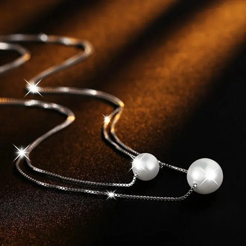 Collar Elegante De Plata, Doble Capa Con Perlas De Amor. Plateado