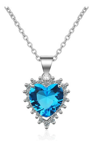 Collar De Plata Con Corazón Elegante, Circonita Azul O Roja  Azul