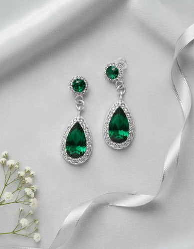Aretes Para Quinceañera Verde Esmeralda Plata Para 15 Años Plateado