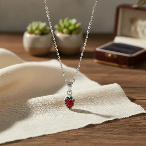 Juego De Collar Y Broquel De Fresa Con Circonitas Plata 925 Rojo