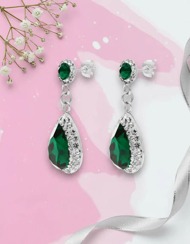 Aretes Colgantes Verde Esmeralda De Plata Con Circonitas Plateado