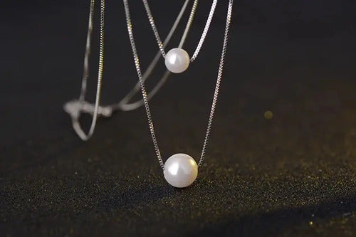 Collar Elegante De Plata, Doble Capa Con Perlas De Amor. Plateado