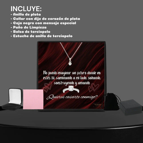 Anillo De Compromiso Y Collar De Corazón Plata 925 Plateado 9