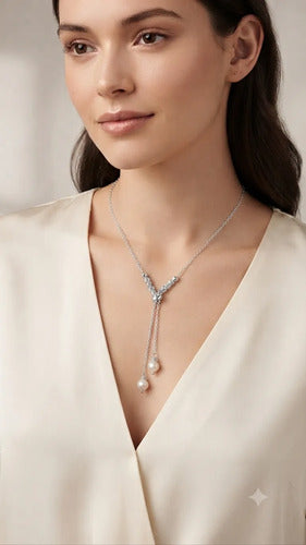 Collar Largo Ajustable Corbatero Con Perlas 66 Cm Plata 925 Plateado