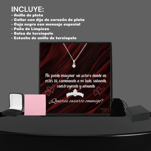 Anillo De Compromiso Gota Y Collar De Corazón Plata 925 Plateado 8