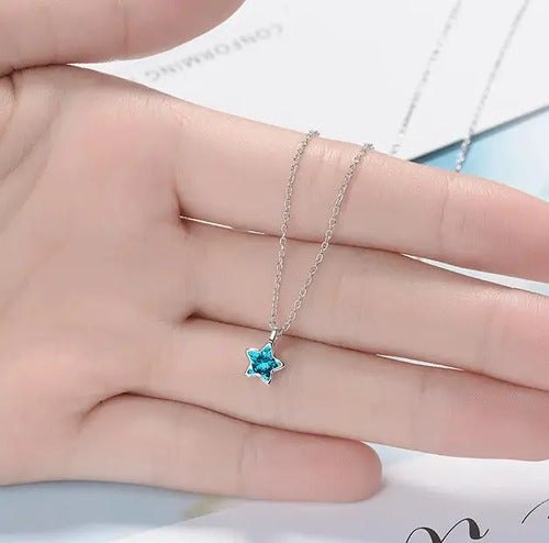 Collar De Plata Con Colgantes De Cristal De Estrella Azul Plateado