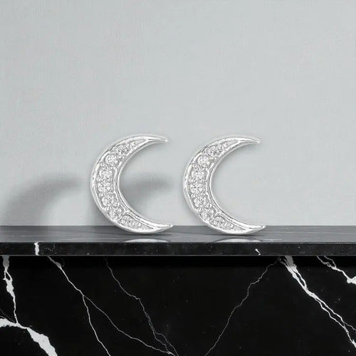 Aretes Luna Con Circonitas De Plata Para Mujer Plateado