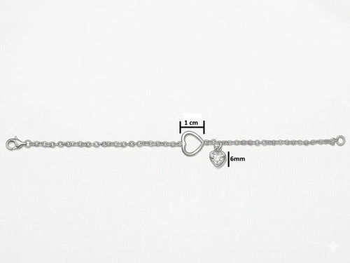 Pulsera De Corazón Con Circonia De Plata Ley 925 Plateado 5.6 Cm 18 Cm