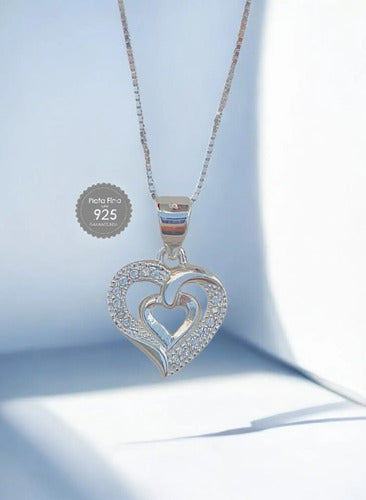 Collar Elegante Corazón De Plata 925 Con Piedras Zirconias Plateado