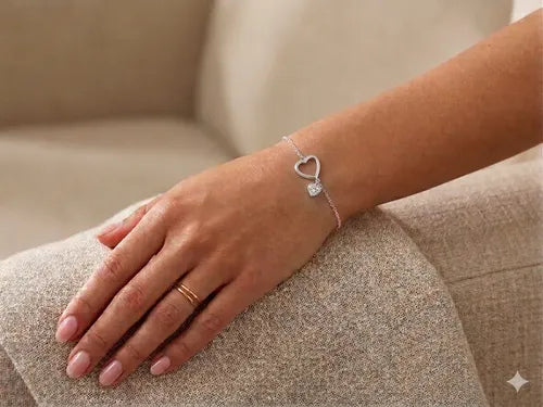 Pulsera De Corazón Con Circonia De Plata Ley 925 Plateado 5.6 Cm 18 Cm
