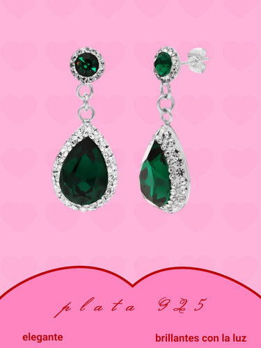 Aretes Colgantes Verde Esmeralda De Plata Con Circonitas Plateado