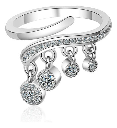 Anillo Ajustable De Plata 925 Con Borlas De Zircon. Plateado Ajustable
