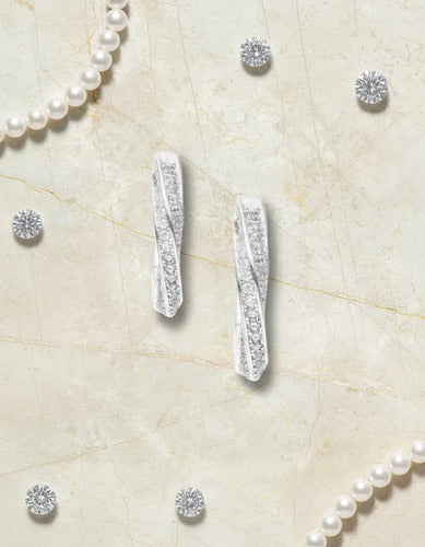 Aretes Huggies Elegante Plata 925 Entrelazados Con Circonias Plateado