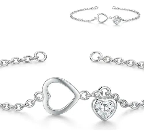 Pulsera De Corazón Con Circonia De Plata Ley 925 Plateado 5.6 Cm 18 Cm
