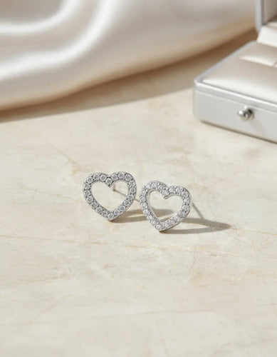 Aretes Broqueles De Plata 925 Circonitas En Forma De Corazón Plateado