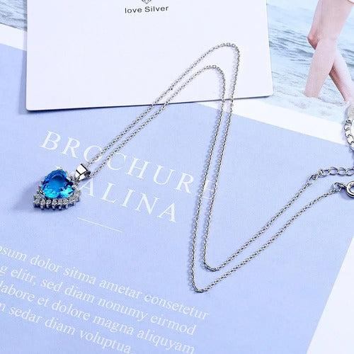 Collar De Plata Con Corazón Elegante, Circonita Azul O Roja  Azul