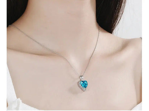 Collar De Plata Con Corazón Elegante, Circonita Azul O Roja  Azul