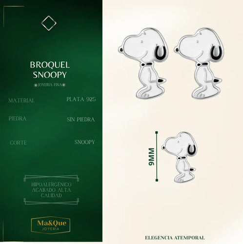 Broquel Arete De Snoopy De Plata 925 Blanco
