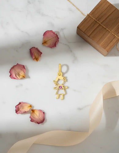 Dije De Oro 10 Kilates De Niña Con Circonia Rosa, Dije Hija Dorado