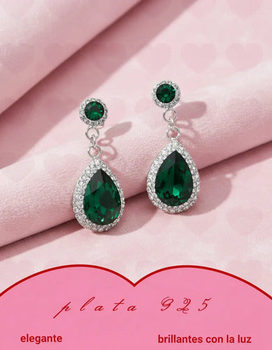 Aretes Para Quinceañera Verde Esmeralda Plata Para 15 Años Plateado