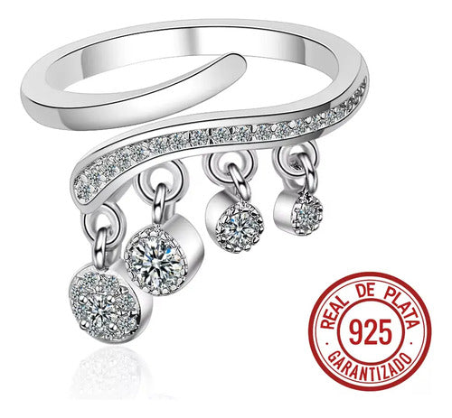 Anillo Ajustable De Plata 925 Con Borlas De Zircon. Plateado Ajustable