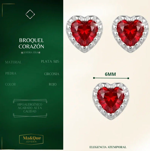 Broquel Arete Circonita Corazón Rojo De Plata 925 Rojo