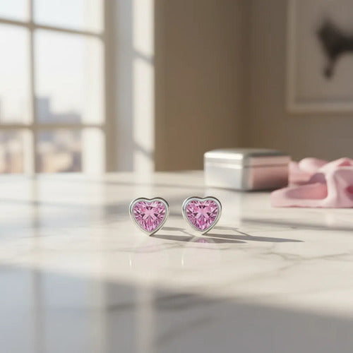 Juego De Collar Y Aretes De Corazon Rosa De Plata 925 Rosa