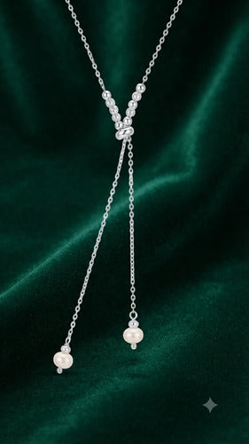 Collar Largo Ajustable Corbatero Con Perlas 66 Cm Plata 925 Plateado