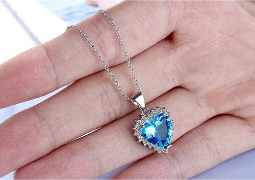 Collar De Plata Con Corazón Elegante, Circonita Azul O Roja  Azul