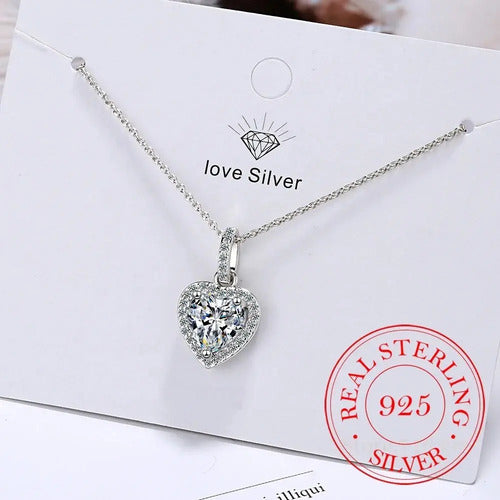Collar De Plata  Para Mujer, Colgante Corazón De Circonita. Plateado