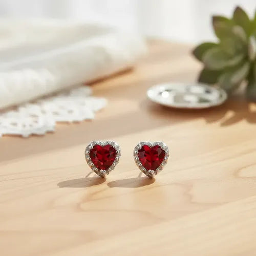 Broquel Arete Circonita Corazón Rojo De Plata 925 Rojo