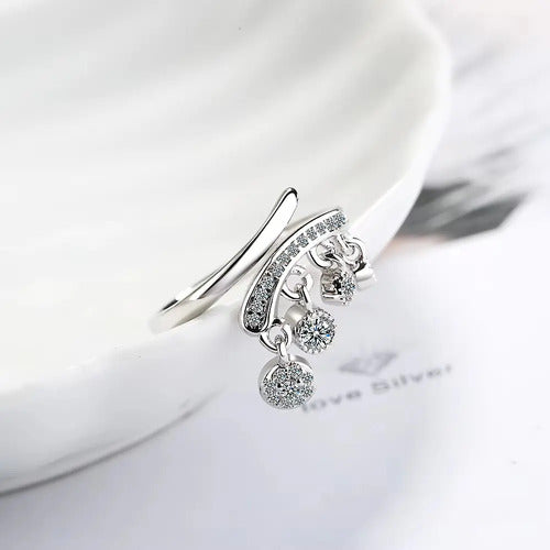 Anillo Ajustable De Plata 925 Con Borlas De Zircon. Plateado Ajustable