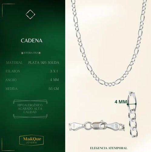 Cadena 55 Cm Plata Solida 925 De 4mm Plateado