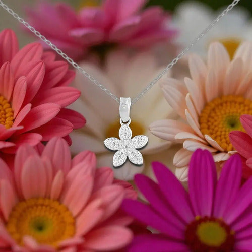 Collar Elegante De Plata Dije Flor Con Circonitas Para Mujer Plateado